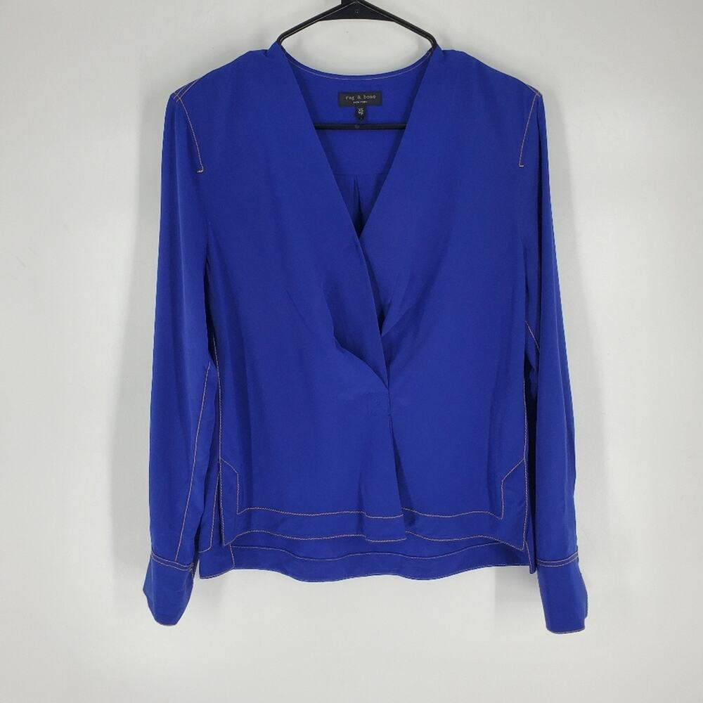 Rag & Bone Electric Blue Silk Long Sleeve Sheilds Blouse Top XS
